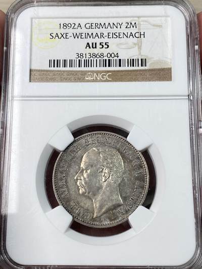 万国钱币拍卖第052期 - NGC AU55 1892年德国萨克森-魏玛-爱森纳赫长翅流通2马克 铸造量仅仅5W枚的小邦马克 罕见品种 HA拍卖原物