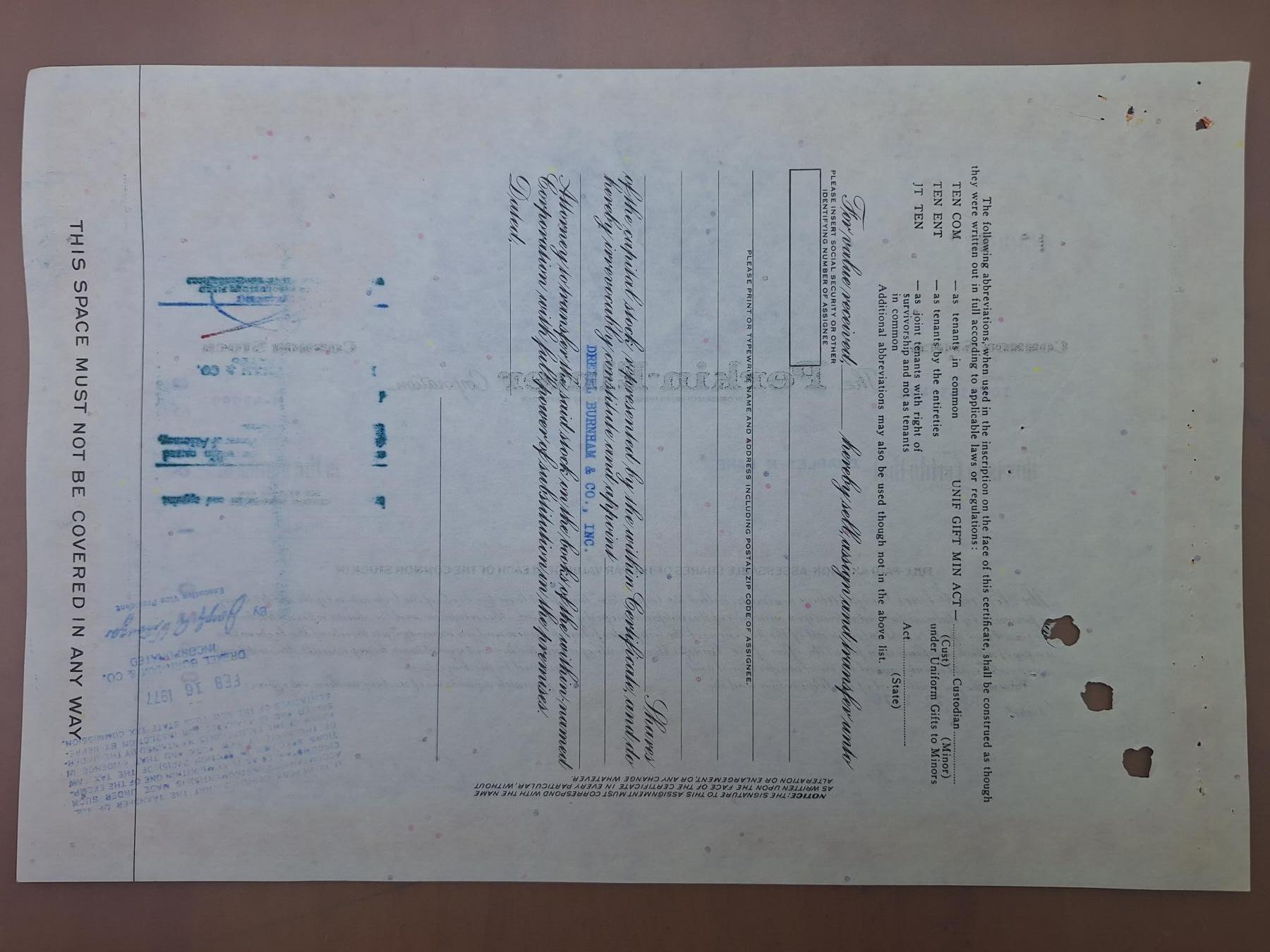 狮子猫股票债券纸品第二期 美国1976年铂金—埃尔默公司 号码300937