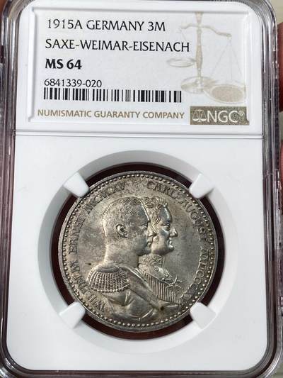 万国钱币拍卖第052期 - NGC MS64 1915年德国萨克森-魏玛-爱森纳赫大公国3马克 鹰形设计独特 小邦罕见品种 原味顶级淡彩