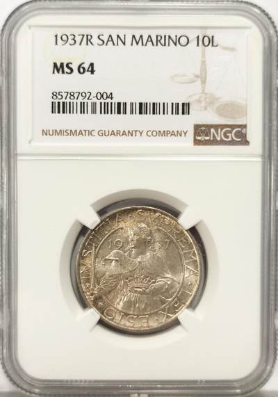 博洋堂世界钱币拍卖第136期（全场包邮） - NGC MS64 圣马力诺1937年10里拉银币