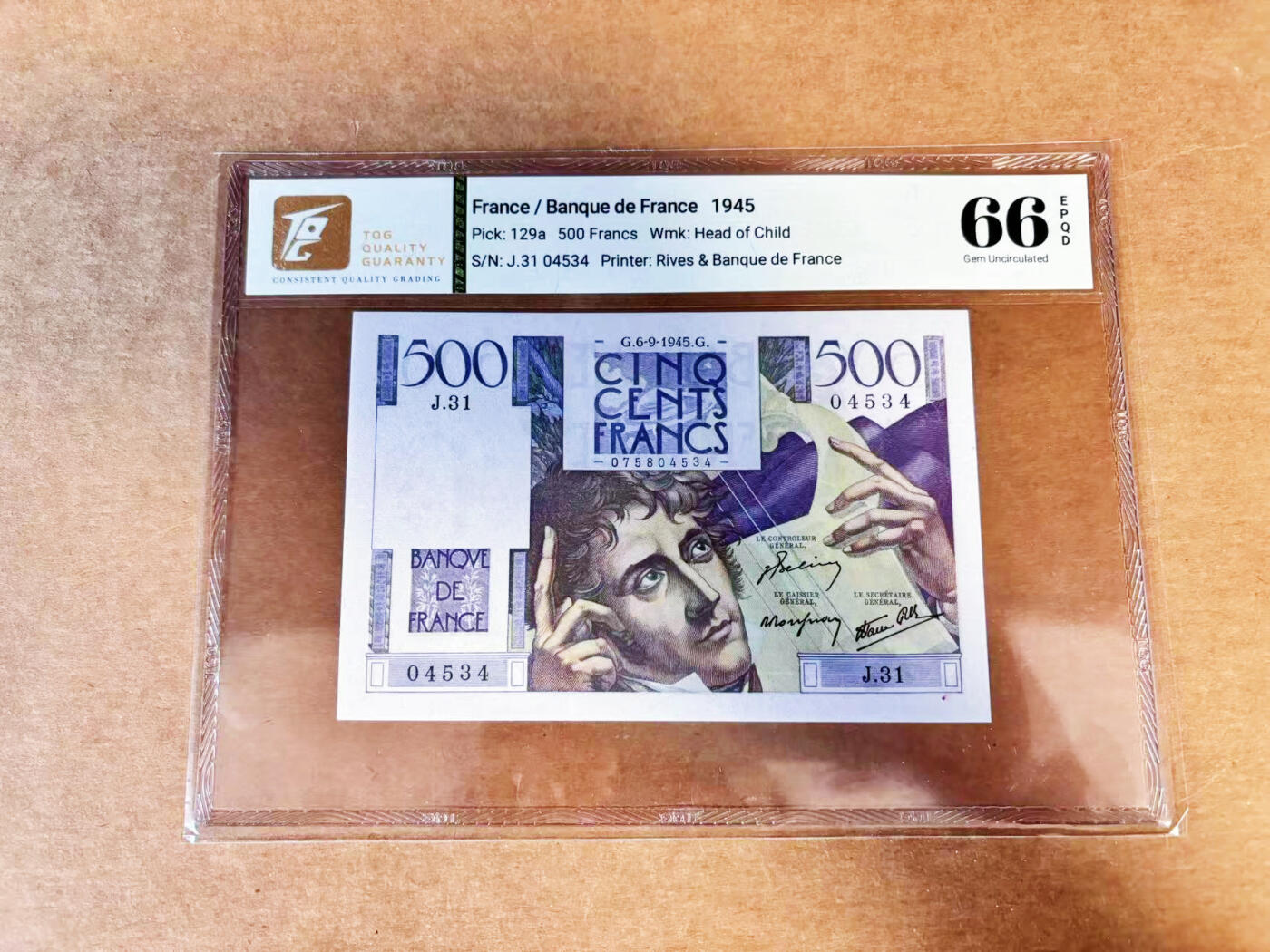 【Blue Auction】世界纸币精拍第717期——18级TOP拍卖/信誉/品质/专业/高效💫 法国 1945年500法郎 夏多布里昂 TQG66EPQ 