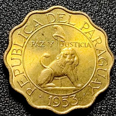 泉币菌-第101场-精品福利场 - 少见 原铜光UNC 狮子花边币 1953年巴拉圭25分黄铜硬币 23毫米 