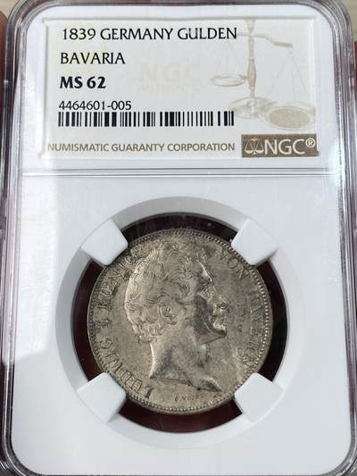 万国钱币拍卖第052期 - NGC MS62 1839年德国巴伐利亚路德维希一世1古尔登银币 路一流通1盾好品难得 原味德系淡彩