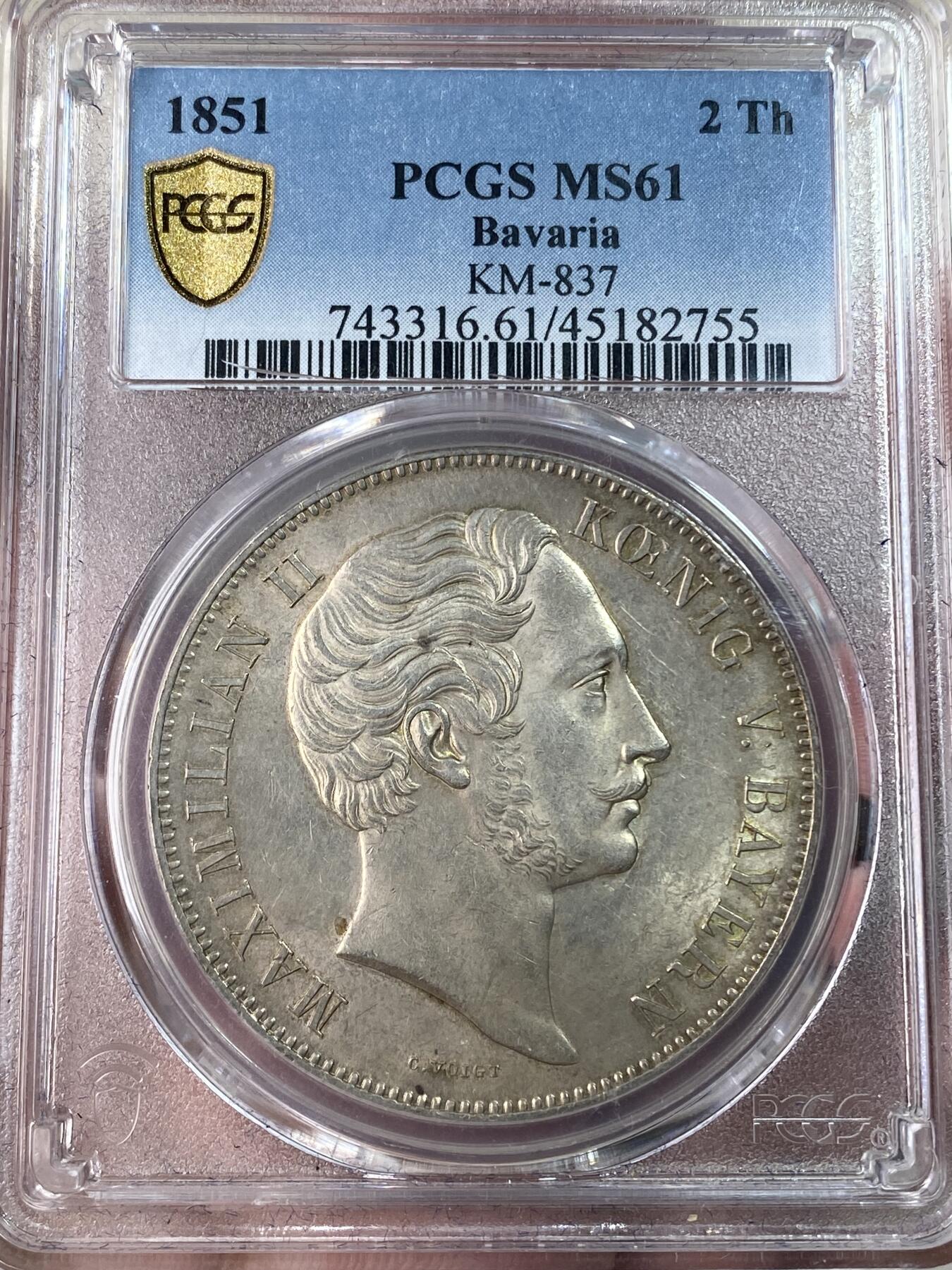 万国钱币拍卖第052期 PCGS MS61 1851年巴伐利亚马克西米利安二世双狮2泰勒 好品相当有难度的巴伐利亚流通品种 原味淡彩转光 PCGS亚军分 更高分仅仅2枚
