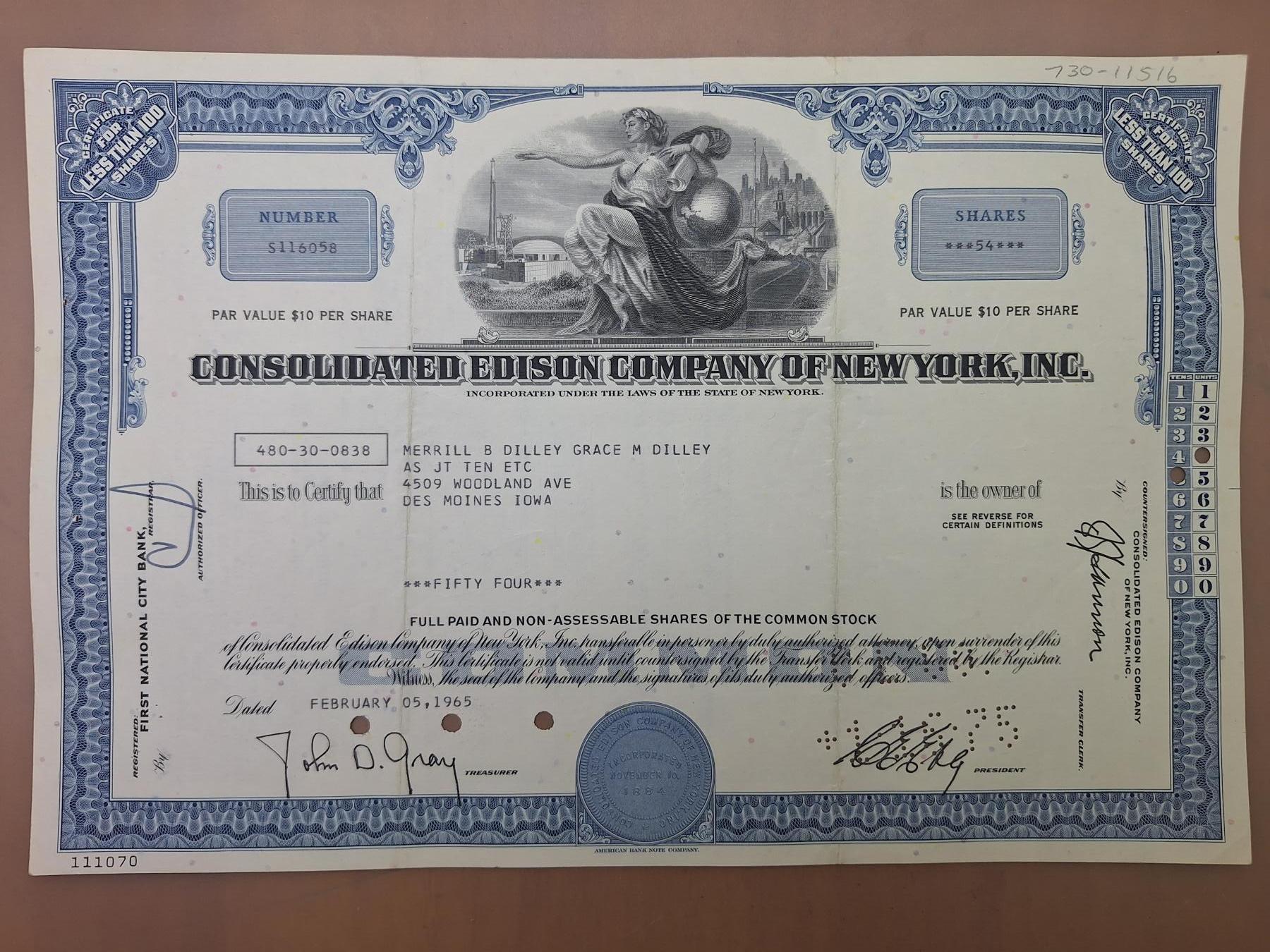 狮子猫股票债券纸品第二期 美国1965年爱迪生联合电气公司（蓝） 号码116058
