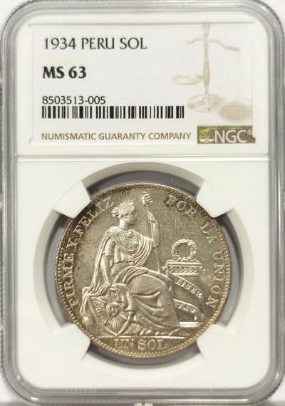 博洋堂世界钱币拍卖第136期（全场包邮） - NGC MS63 秘鲁1934年坐人1索尔大银币，月牙彩，转光十足，流通充分品种，高分少见。