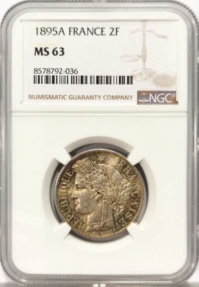 博洋堂世界钱币拍卖第136期（全场包邮） - NGC MS63 法国1895年谷物女神2法郎银币极少年份 养眼金彩