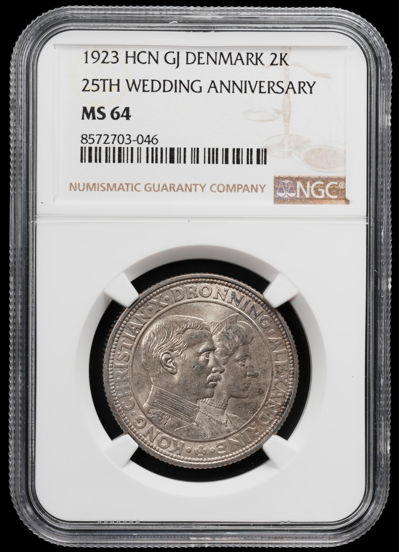 修遠堂世界钱币第八十二期 NGC MS64 1923年丹麦国王银婚纪念2克朗银币