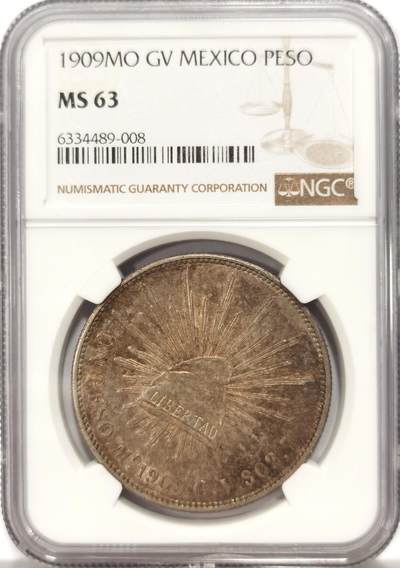 博洋堂世界钱币拍卖第136期（全场包邮） - NGC MS63 1909年墨西哥MO GV版直边鹰洋。极致梦幻五彩，如同火焰一般绚烂的酱彩包浆，视觉效果极为突出，可谓鹰洋极品