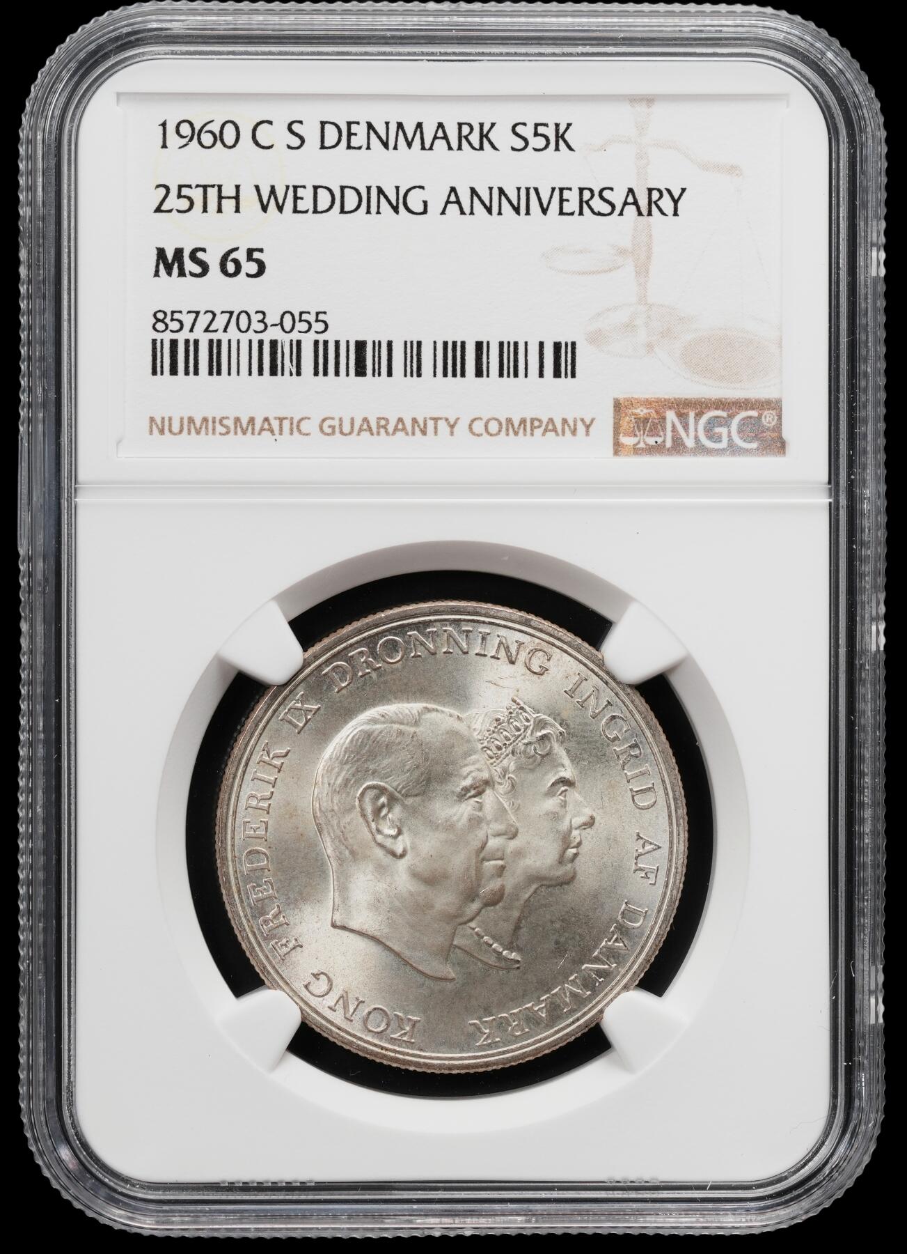 修遠堂世界钱币第八十二期 NGC MS65 1960年丹麦国王银婚纪念5克朗银币