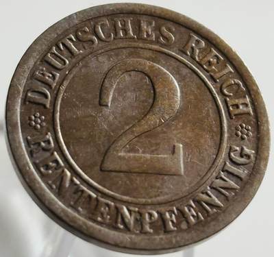 文馨钱币收藏第 269 场，长期接收代拍品 - 少见极美品 1924 年魏玛共和国 地产抵押马克时期 2 芬尼铜币