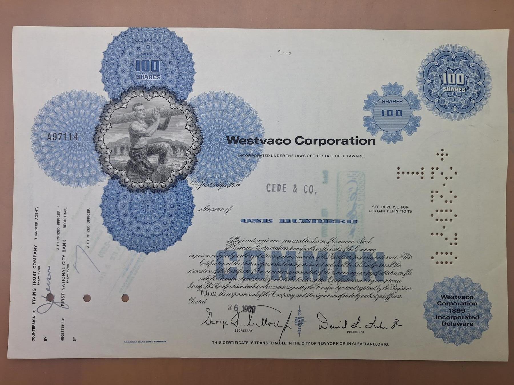 狮子猫股票债券纸品第二期 美国1969年维斯特沃科公司（蓝）号码97114