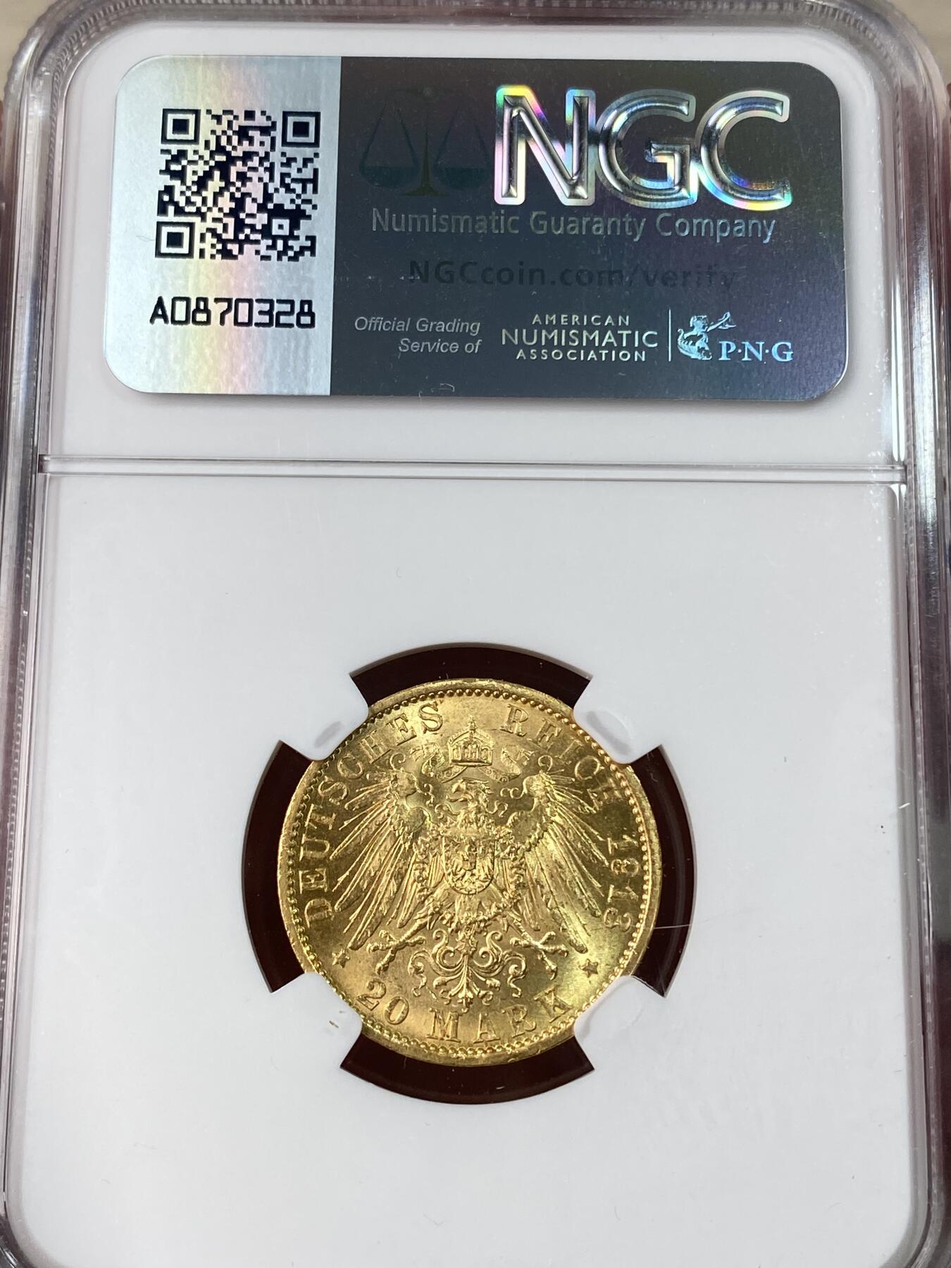 万国钱币拍卖第052期 NGC MS62 1913年德国普鲁士威廉二世军装流通长翅20马克金币 黄金转光轻微镜面 既美又亮且保值 7.96g 900金