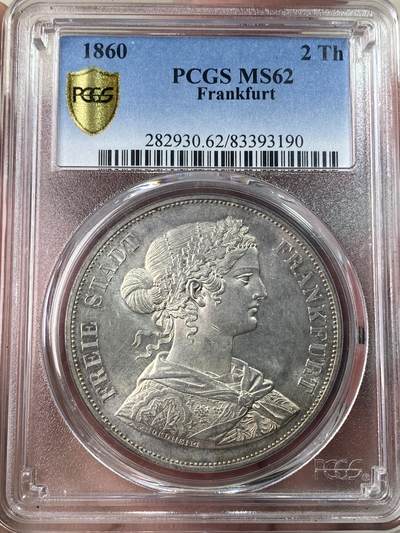 万国钱币拍卖第052期 - PCGS MS62 1860年德国法兰克福少女流通2泰勒 少女2T首年之作 银霜质感状态非常舒适