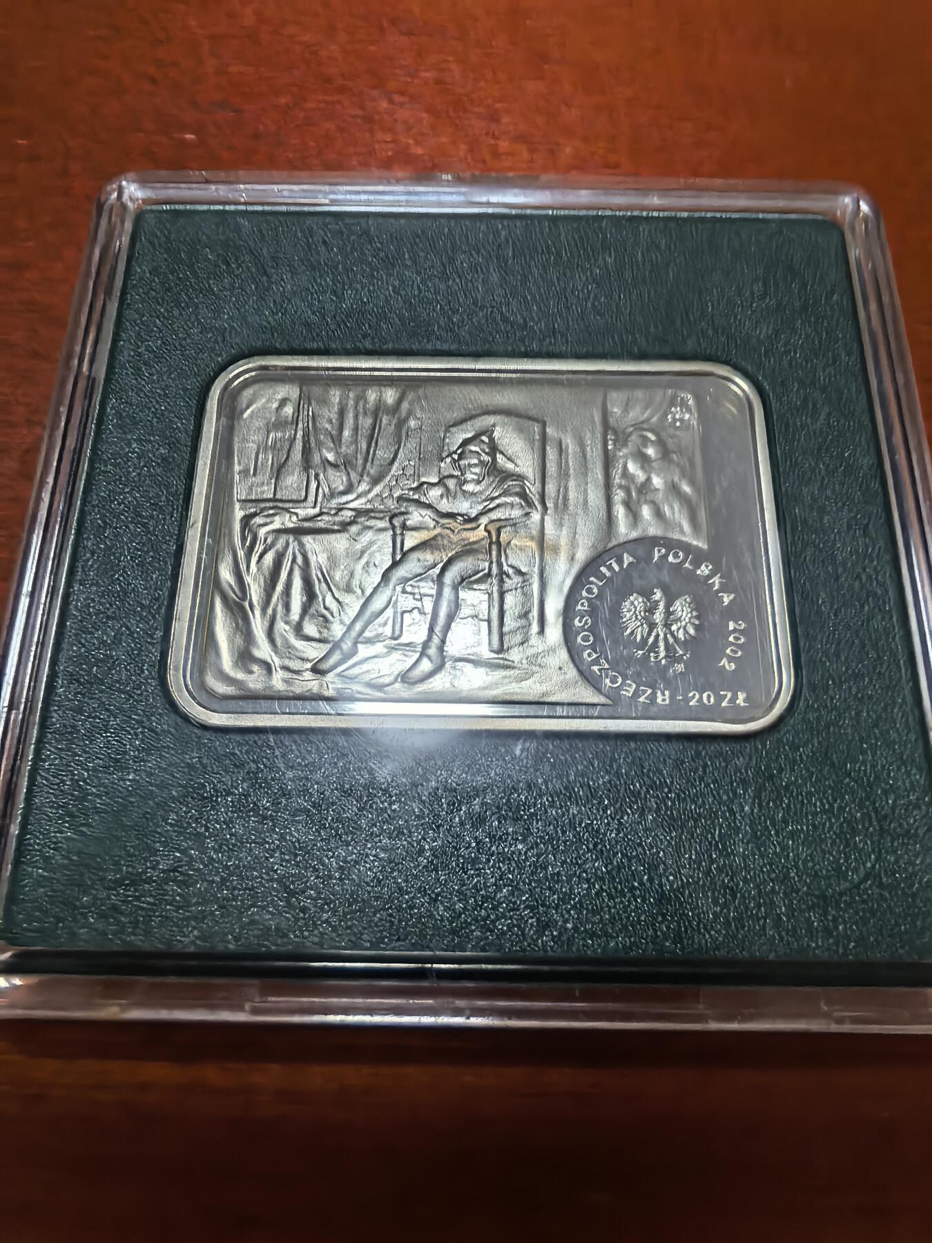 长老汇蛇年精选第四十一场拍卖 2002波兰画家扬·马特义科20兹罗提长方形部分彩色精制银币，克书135美金，原厂盒