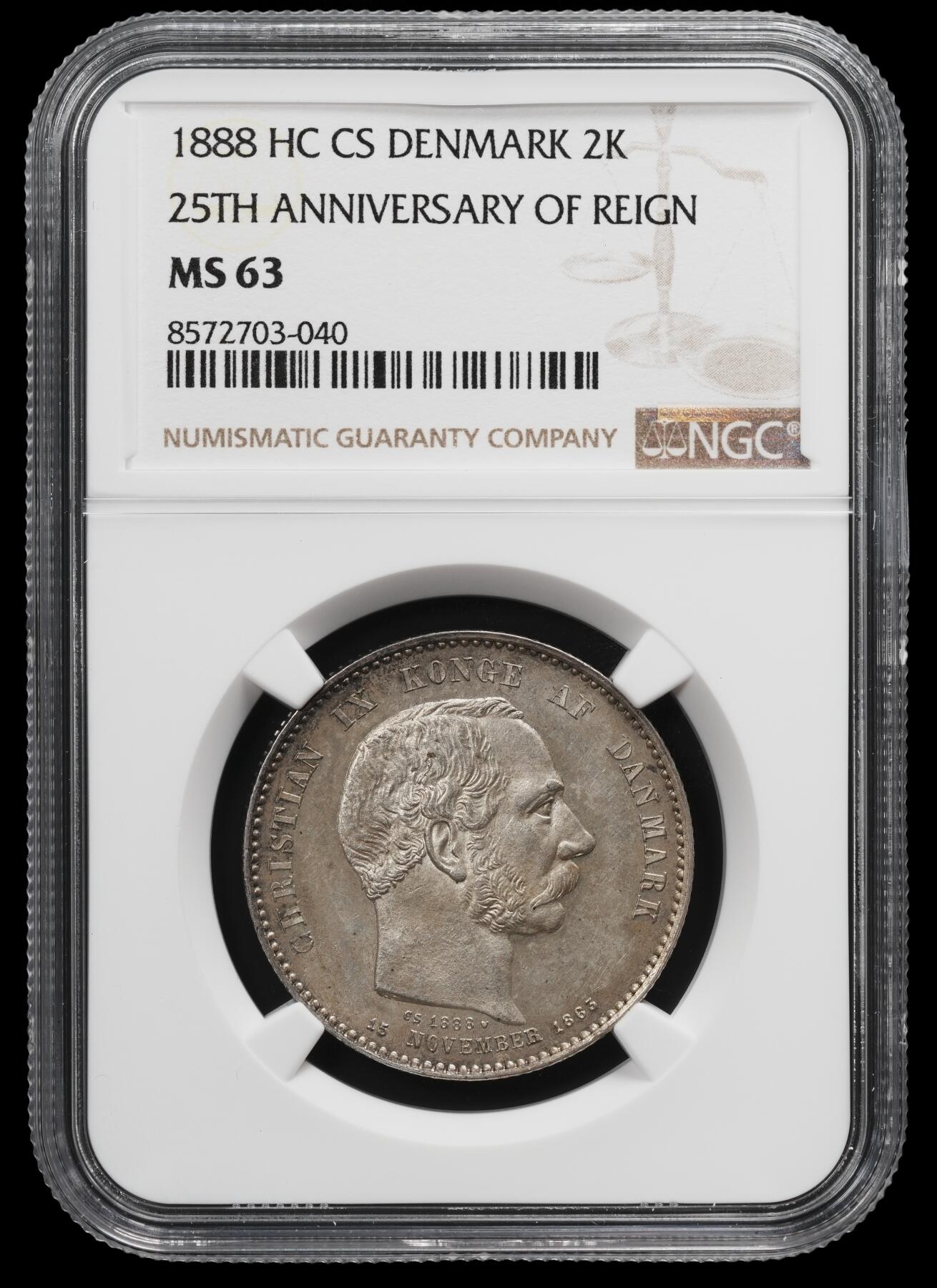 修遠堂世界钱币第八十二期 NGC MS63 1888年丹麦国王登基25周年纪念2克朗银币