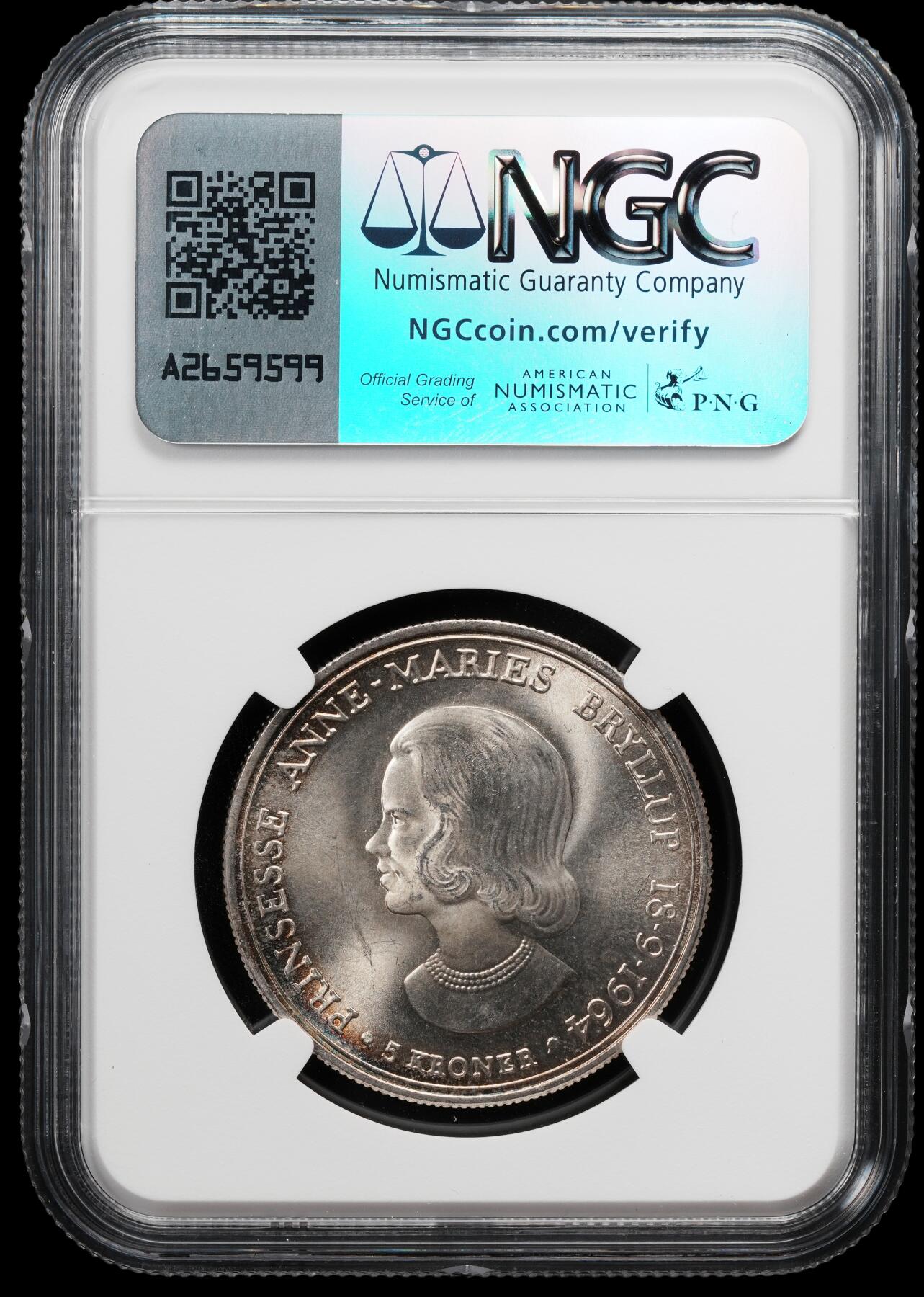 修遠堂世界钱币第八十二期 NGC MS65 1964年丹麦安妮公主结婚纪念5克朗银币