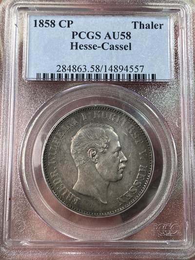万国钱币拍卖第052期 - PCGS AU58 1858年黑森-卡塞尔大公国CP纹章流通1泰勒 罕见小邦早期联合泰勒 原味酱五彩 PCGS老盒SBP出品