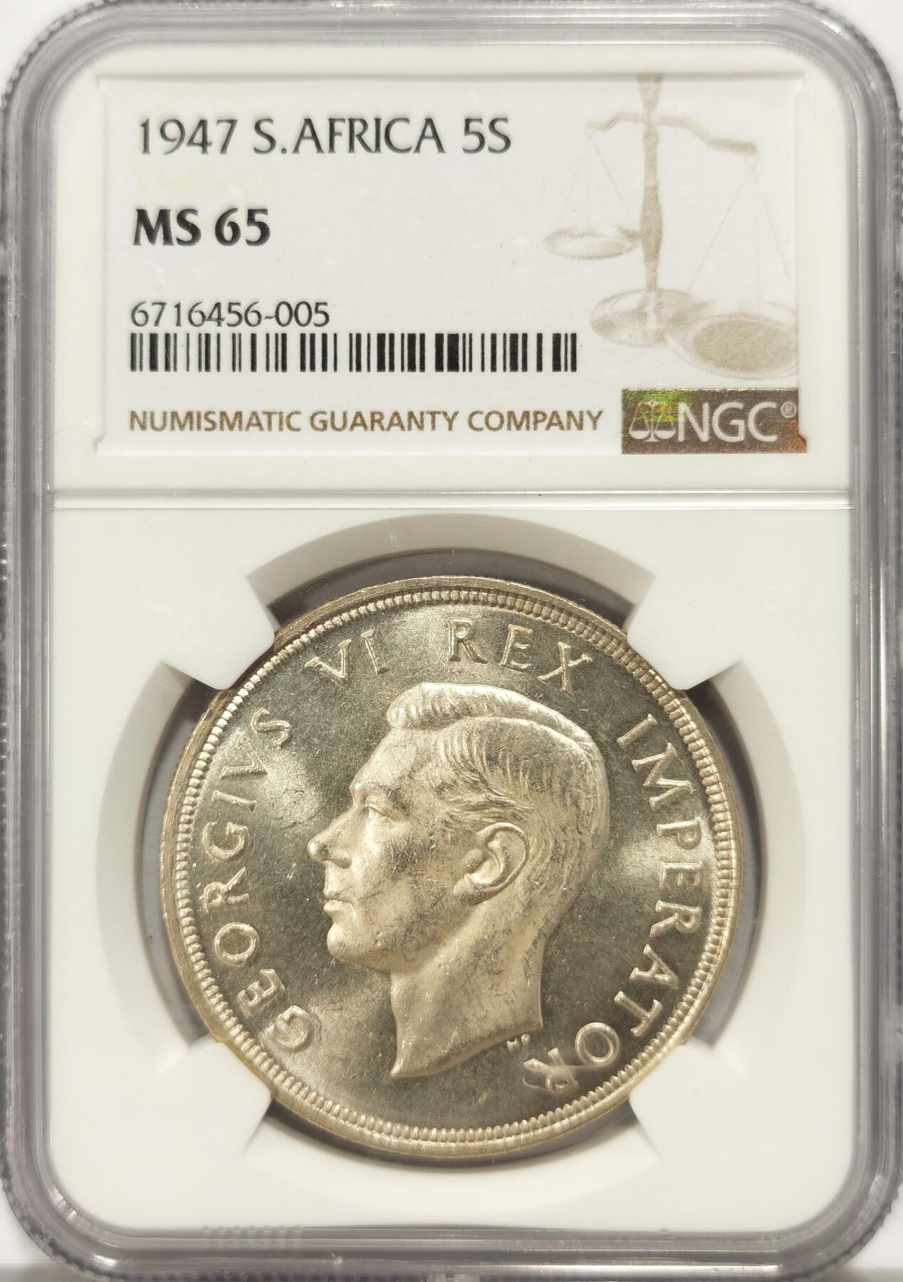 博洋堂世界钱币拍卖第136期（全场包邮） NGC MS65 1947年南非乔治六世跳羚5先令大银币 国内公开市场所见最高分数，少见战后早期非洲大银币，图案也很有南非特色，强光状态极佳
