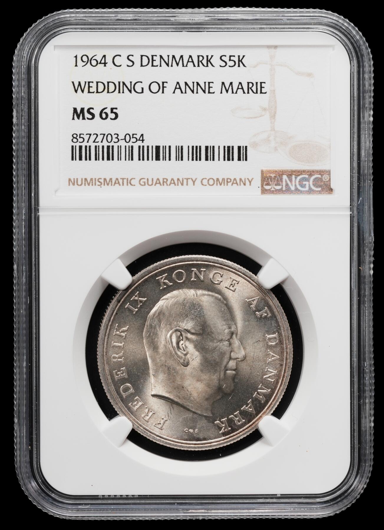 修遠堂世界钱币第八十二期 NGC MS65 1964年丹麦安妮公主结婚纪念5克朗银币