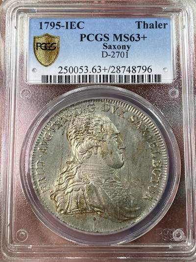 万国钱币拍卖第052期 - PCGS MS63+ 1795年德国萨克森IEC协议大泰勒 28g大规格 原味原光青金彩 减重痕迹非常细微 PCGS老盒唯一亚军分 更高分仅仅一枚