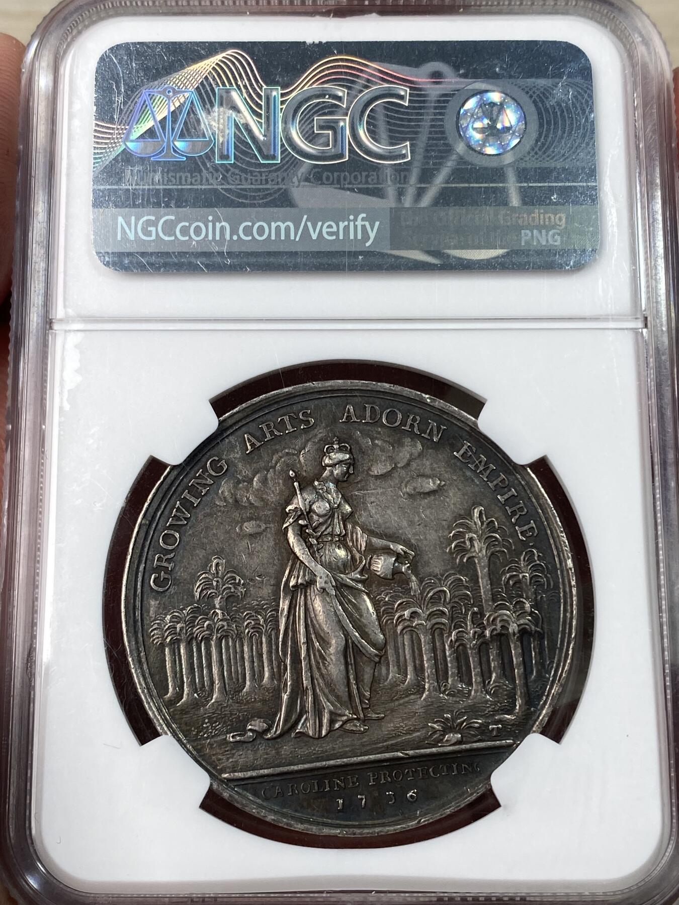 万国钱币拍卖第052期 NGC XFD 1736年英国乔治二世时期北美殖民地杰尼根奖池大银章 包浆自然厚重金属光泽 38.7mm 20.36g