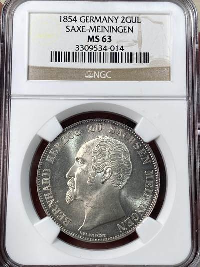 万国钱币拍卖第052期 - NGC MS63 1854年德国萨克森-梅宁根2古尔登大银币 罕见小邦品种 暴力十字转光银霜满满 NGC老盒顶级收藏品质
