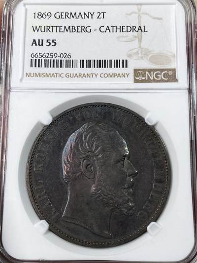 万国钱币拍卖第052期 - NGC AU55 1869年德国符腾堡乌尔姆大教堂修复纪念2泰勒 2t经典名誉品种 德意志精工细作的代表 渐变式藏红花彩包浆 1869教堂发行量仅1800枚左右