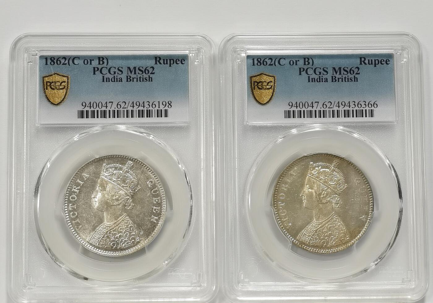 博洋堂世界钱币拍卖第136期（全场包邮） PCGS MS62 英属印度1862年维多利亚1卢比银币少见四点版2枚一对3