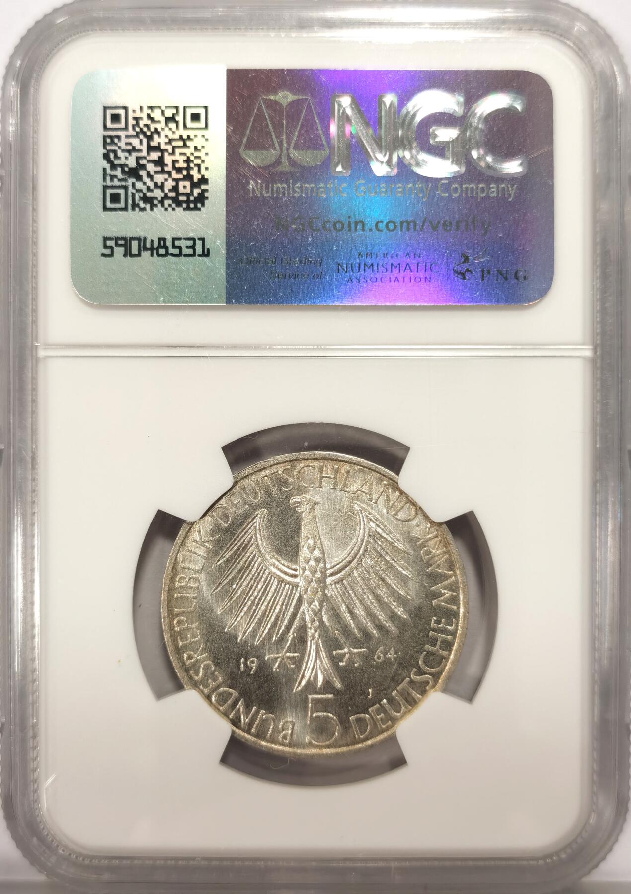 博洋堂世界钱币拍卖第136期（全场包邮） NGC MS64 联邦德国西德1964年费希特逝世150周年5马克纪念银币，西德五大天王之一
