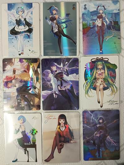 花开卡拍第36期（8月31号周日截拍，品控勿拍!!!拍品不寄存，运费5元，自制卡难免瑕疵，可能存在轻微撞角爆边等出厂瑕疵，品控介意勿拍！） - 动漫女主卡牌 蕾姆+甘雨+雷神+明日香等9张打包 彩闪