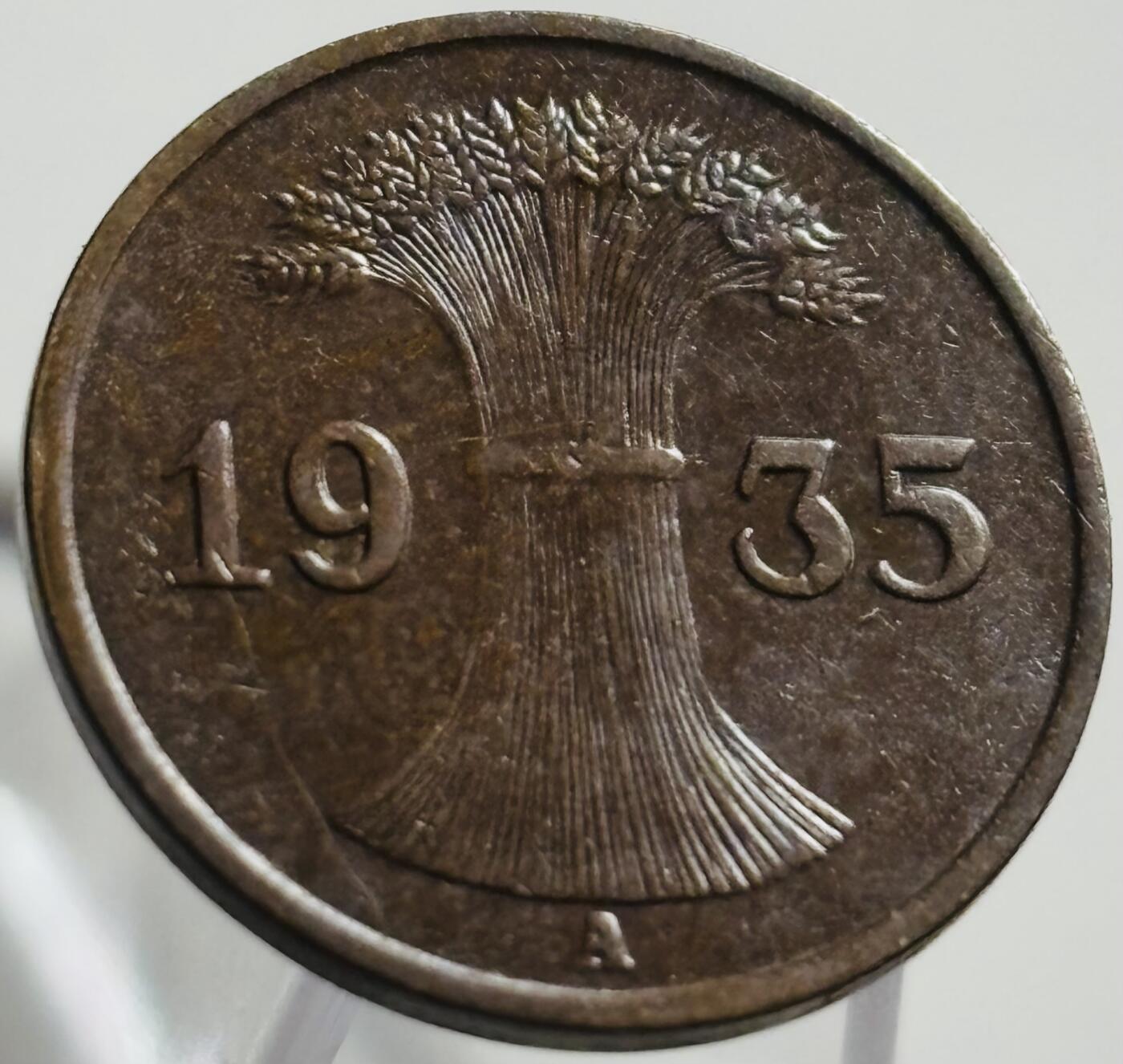文馨钱币收藏第 269 场，长期接收代拍品 极美品 1935 年魏玛共和国 1 芬尼铜币 A 版
