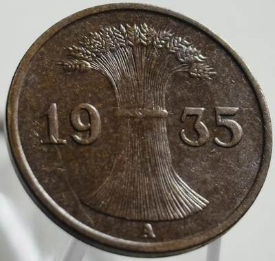 文馨钱币收藏第 269 场，长期接收代拍品 - 极美品 1935 年魏玛共和国 1 芬尼铜币 A 版