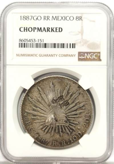 博洋堂世界钱币拍卖第136期（全场包邮） - NGC Chopmarked 墨西哥1887年GO RR版鹰洋，少见双面双“畐”戳记1