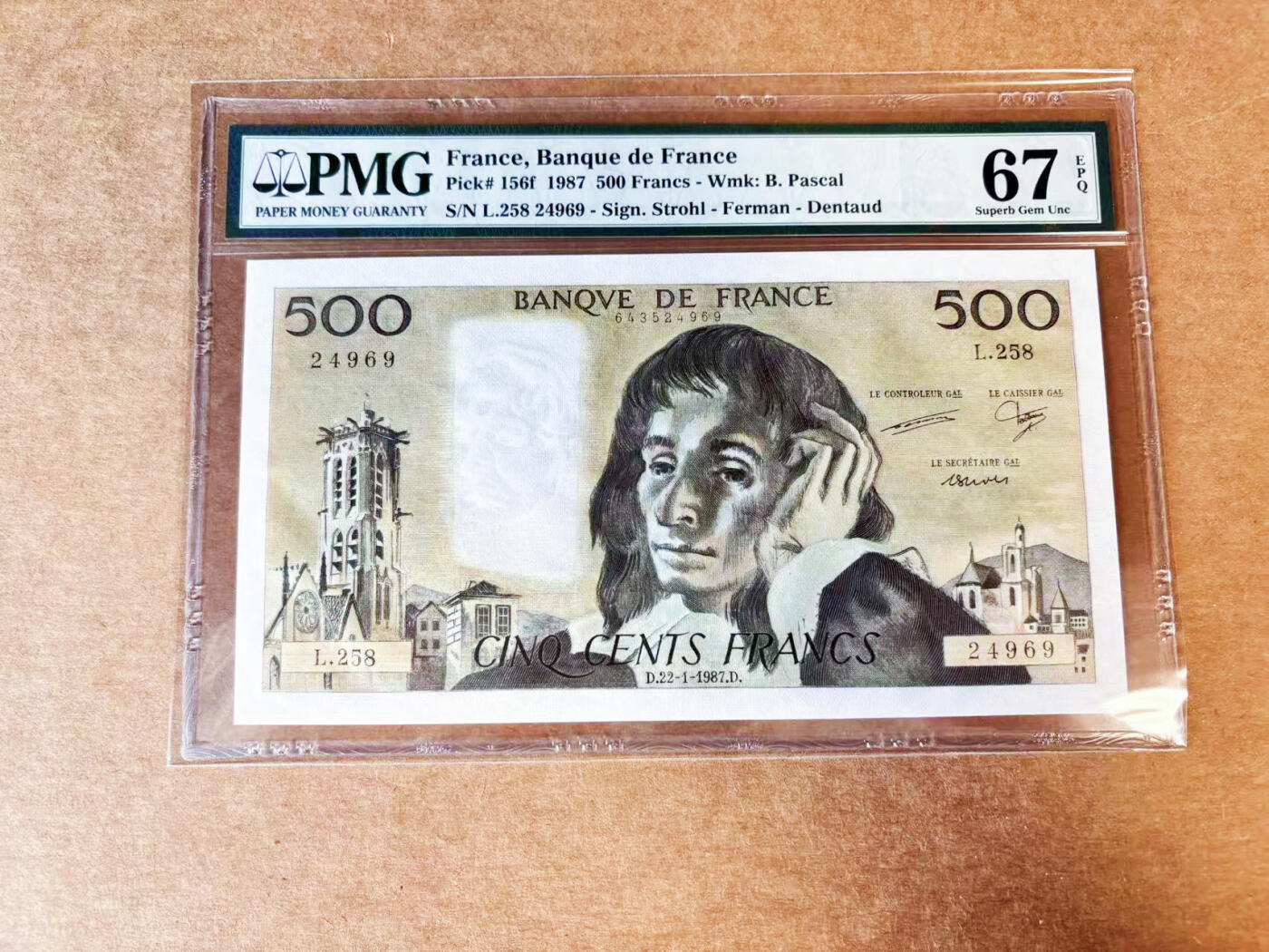 【Blue Auction】世界纸币精拍第717期——18级TOP拍卖/信誉/品质/专业/高效💫 【p156f】法国 1987年500法郎 帕斯卡尔 大票幅  PMG67EPQ 高分 