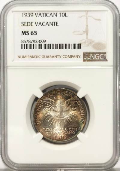 博洋堂世界钱币拍卖第136期（全场包邮） - NGC MS65 梵蒂冈1939年教皇缺位 圣灵鸟五彩10里拉银币