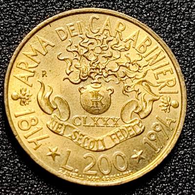 泉币菌-第101场-精品福利场 - 原铜光极美品 1994年意大利200里拉宪兵部队成立180周年黄铜纪念币 宝瓶花24mm