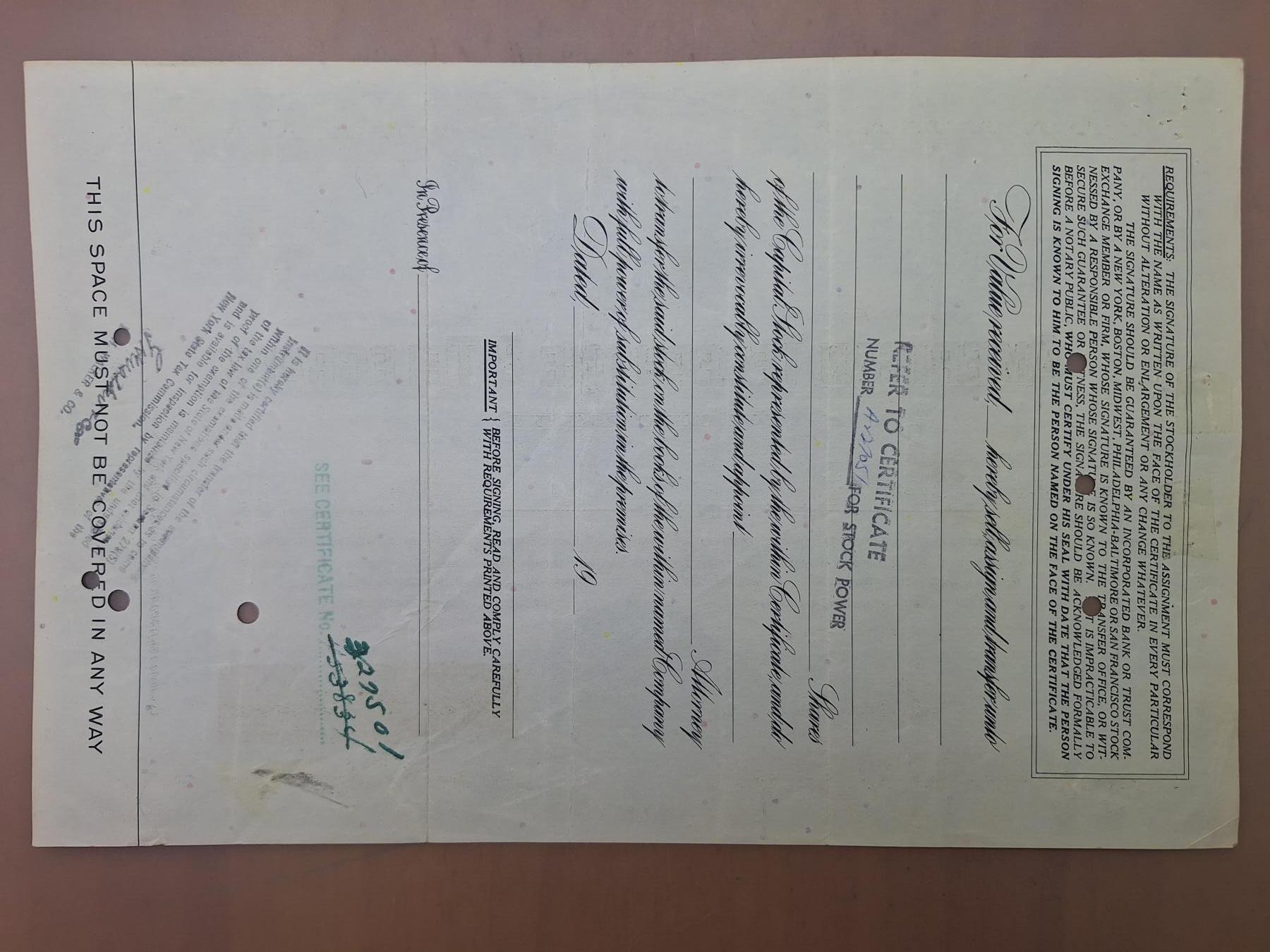 狮子猫股票债券纸品第二期 美国1956年美国电话与电报公司 号码904166