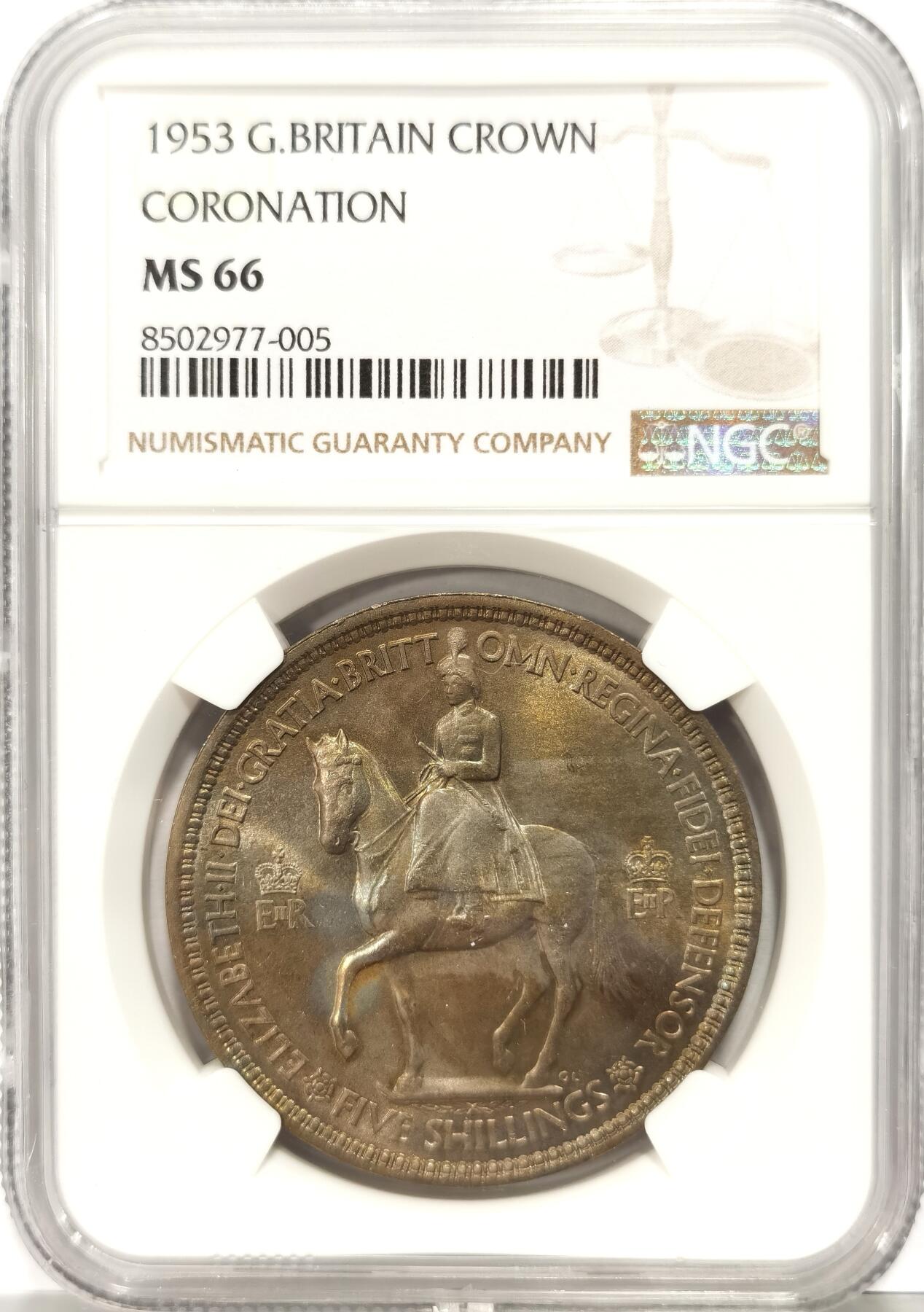 博洋堂世界钱币拍卖第136期（全场包邮） NGC MS66 英国1953年伊丽莎白二世登基纪念克朗，高分带彩少见