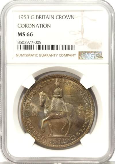 博洋堂世界钱币拍卖第136期（全场包邮） - NGC MS66 英国1953年伊丽莎白二世登基纪念克朗，高分带彩少见