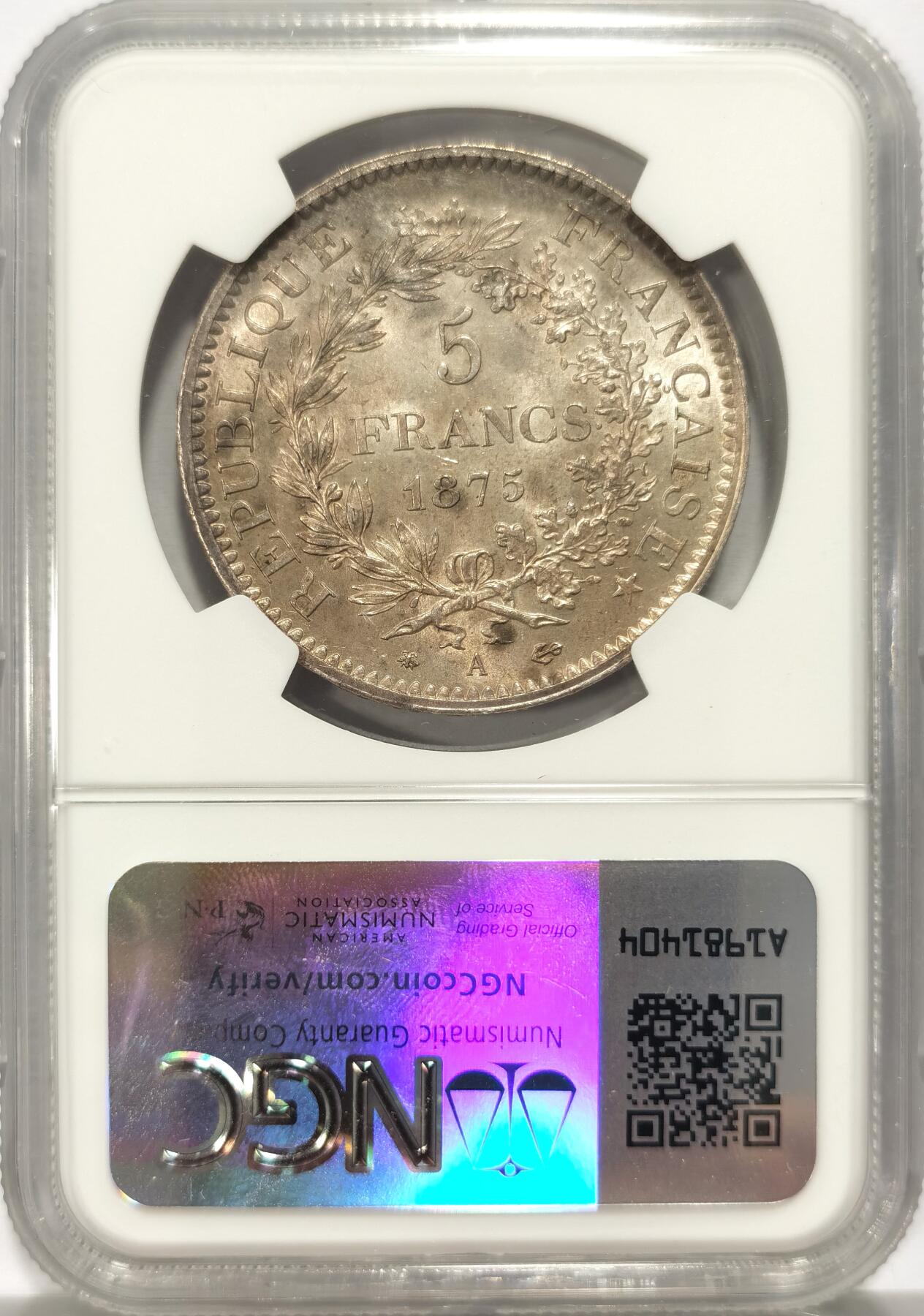 博洋堂世界钱币拍卖第136期（全场包邮） NGC MS62 法国1875年大力神5法郎 欧陆灰彩 品佳 发行量少