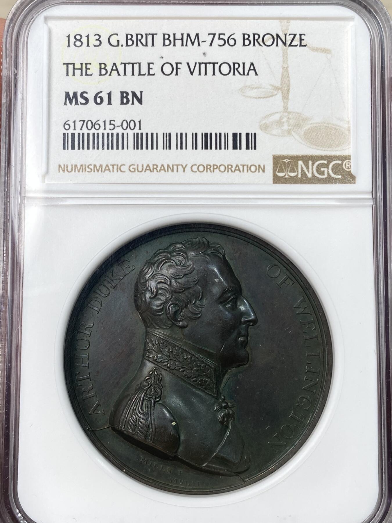 万国钱币拍卖第052期 NGC MS61 1813年英国威灵顿公爵维多利亚战役胜利纪念大铜章 穆迪经典系列