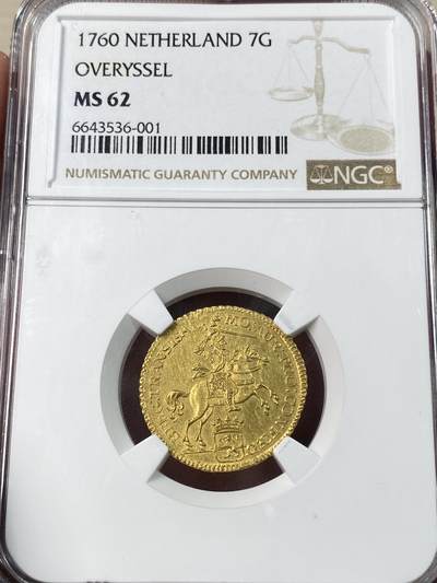 万国钱币拍卖第052期 - NGC MS62 1760年尼德兰七省联合共和国上艾瑟尔省7盾马剑金币 NGC顶级冠军分 荷兰马剑金质化名品 全深打武士盾徽细节极赞 顶级收藏品质 4.96g