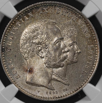 修遠堂世界钱币第八十二期 - NGC MS63 1892年丹麦国王金婚纪念2克朗银币 15g，含银80%