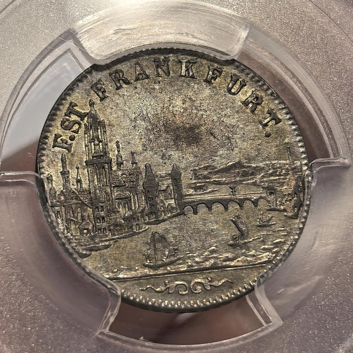 博洋堂世界钱币拍卖第136期（全场包邮） PCGS MS63 德国法兰克福1853年城市景观6克鲁泽银币