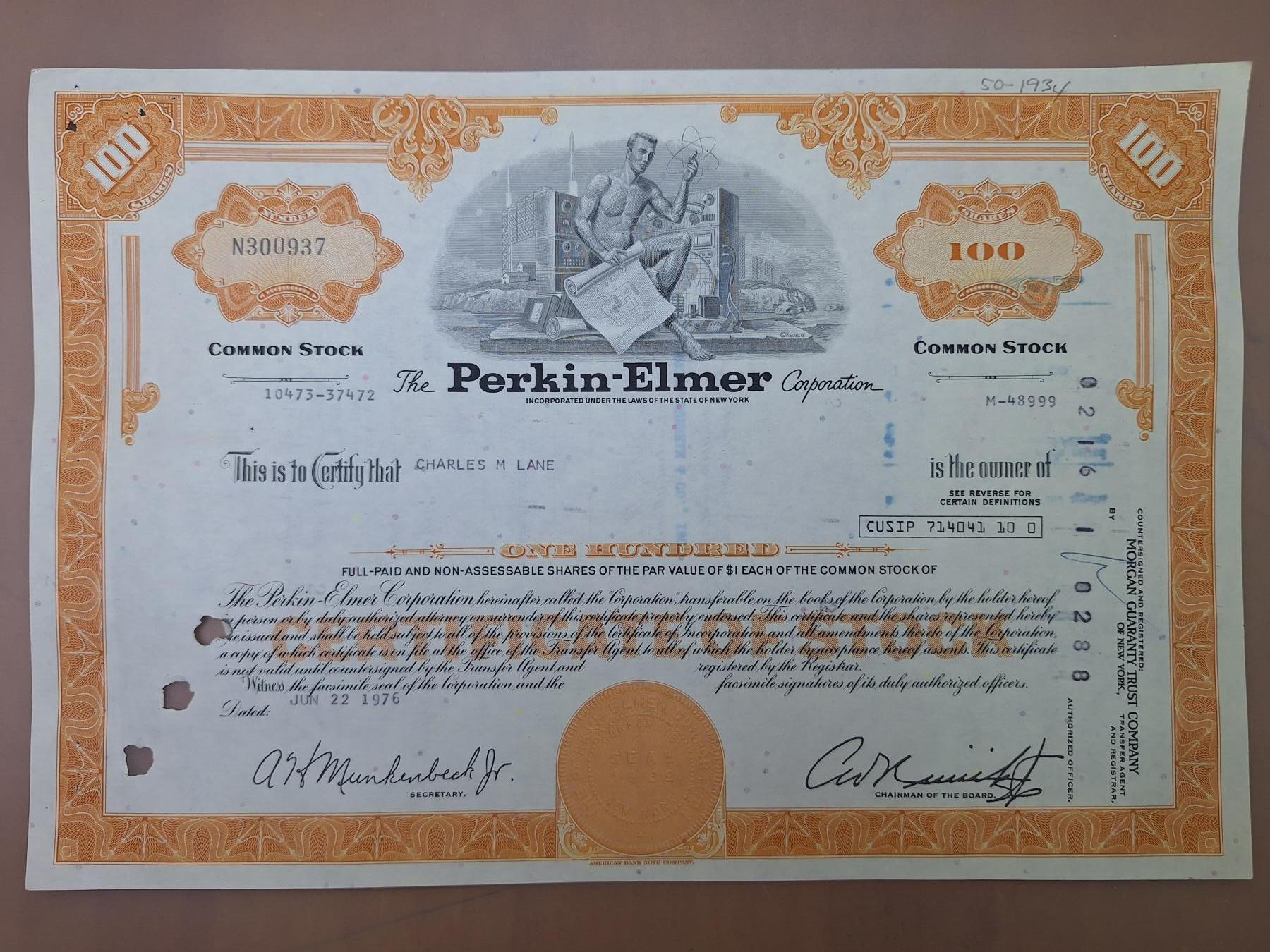 狮子猫股票债券纸品第二期 美国1976年铂金—埃尔默公司 号码300937