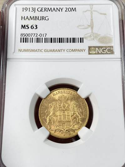 万国钱币拍卖第052期 - NGC MS63 1913年德国汉堡双狮护盾长翅流通20马克金币 经典自由市名品 光度、底板无可挑剔 7.96g 900金