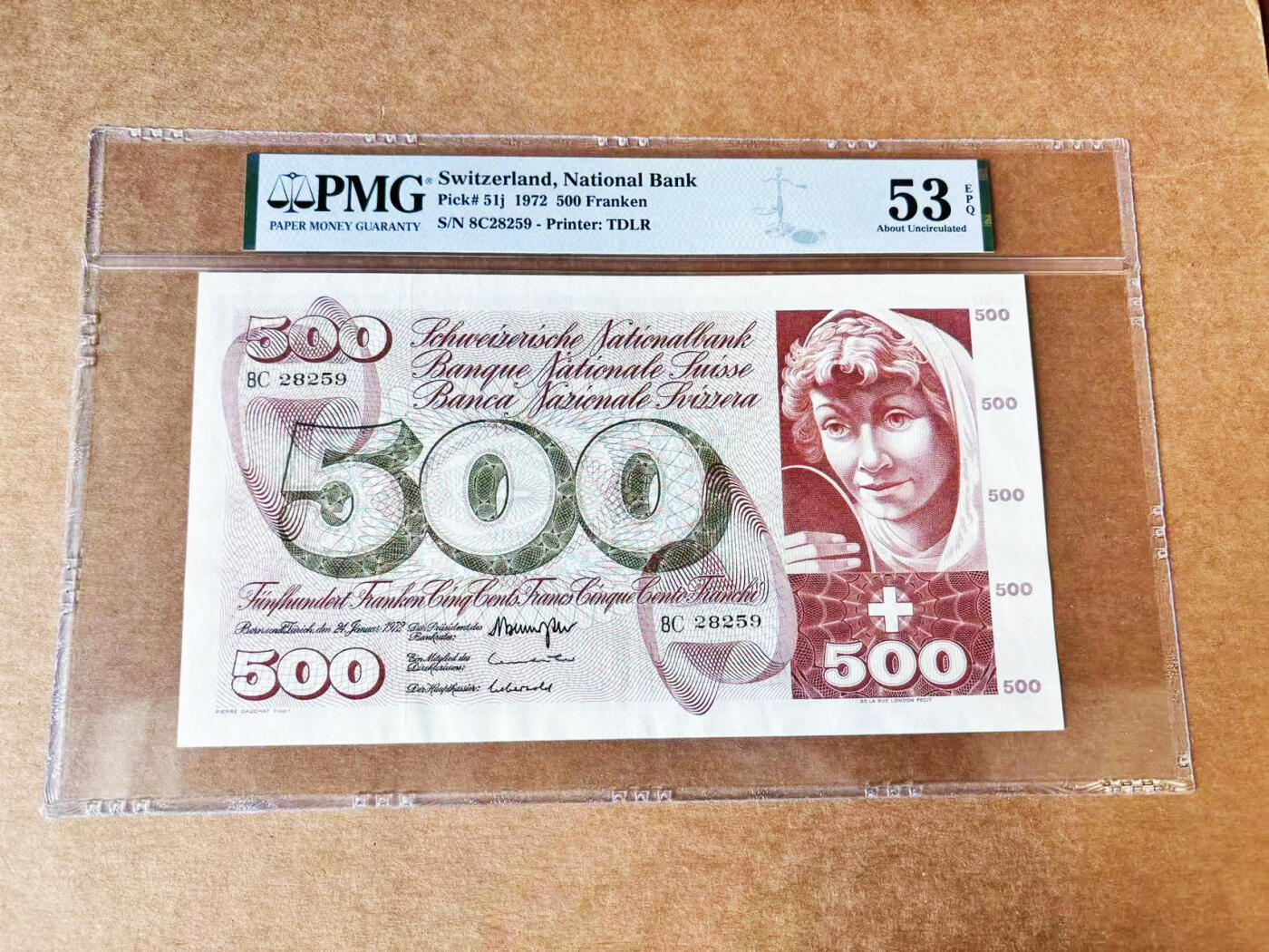 【Blue Auction】世界纸币精拍第717期——18级TOP拍卖/信誉/品质/专业/高效💫 【无47】瑞士 1972年500法郎 青春泉 超大票幅 PMG53EPQ 设计精美