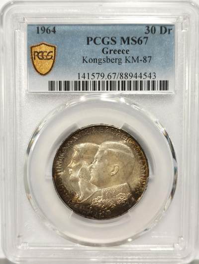 博洋堂世界钱币拍卖第136期（全场包邮） - PCGS MS67 希腊1964年30德拉克马，皇室婚礼纪念币，顶级分数，双面彩浆