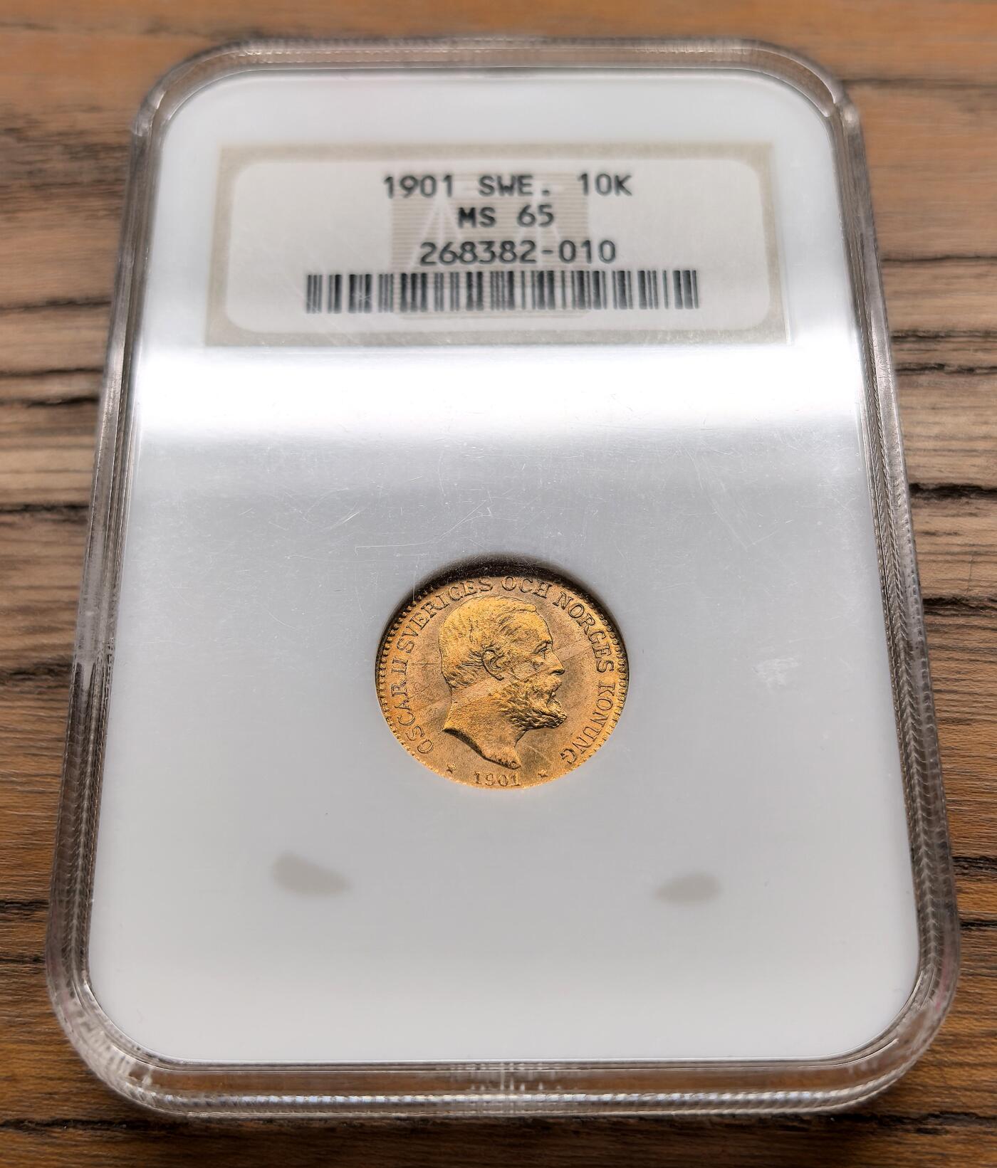 凡希社世界钱币微拍月度大拍（2025/8） 1901瑞典奥斯卡二世10克朗金币NGC-MS65，老盒高分，4.48g，900金。